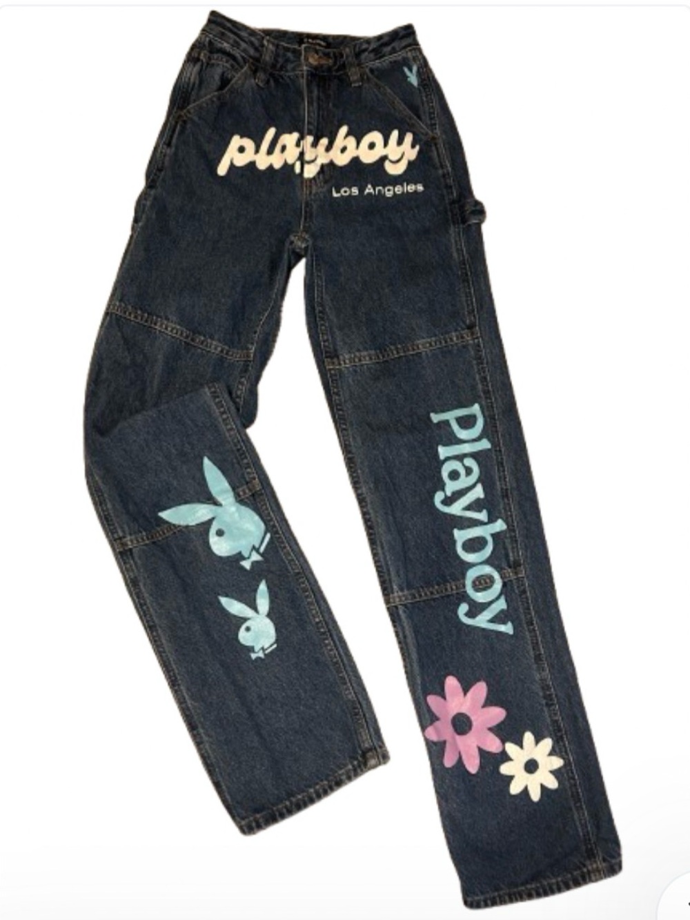PLAYBOY PACSUN Dark Blue Denim Jeans with Pastel  Bunny Graphics 23